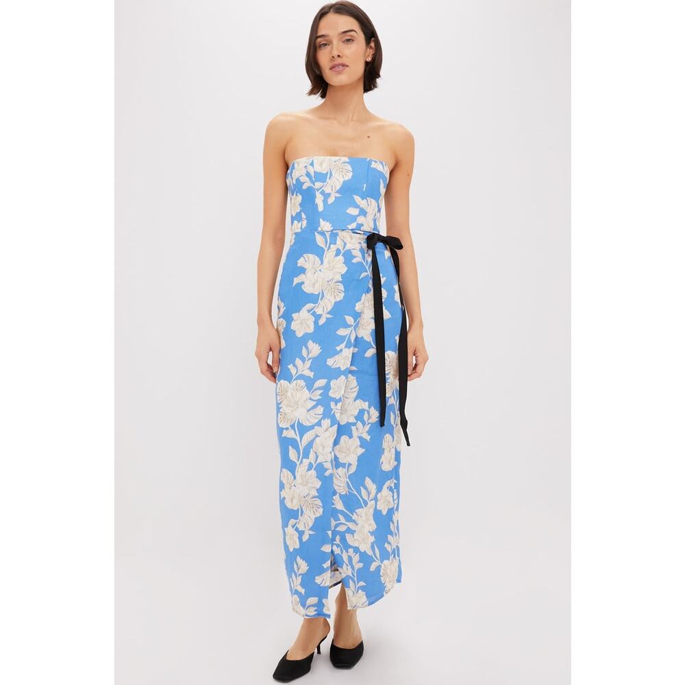 Agua by Agua Bendita Floral Strapless Midi Dress in Blue and Cream
